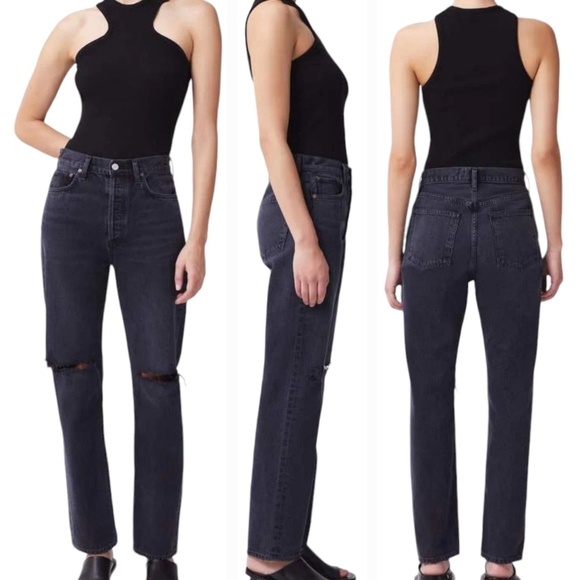 AGOLDE 90's Pinch Waist Straight Leg Jeans in Howl, Washed Black, Distressed - Picture 3 of 16